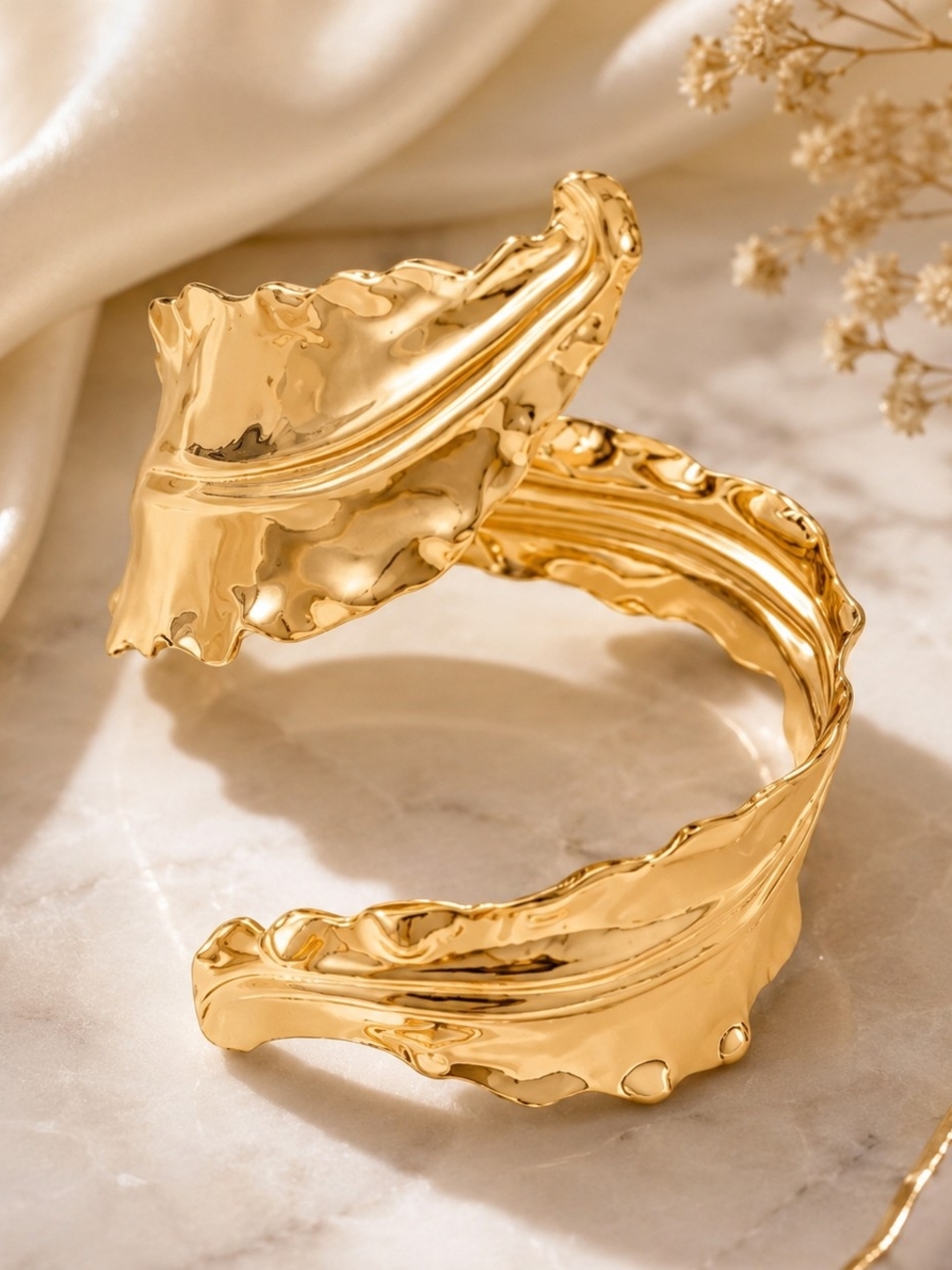 Women Jewelry Gold Sculpted Leaf Open Cuff Bracelet